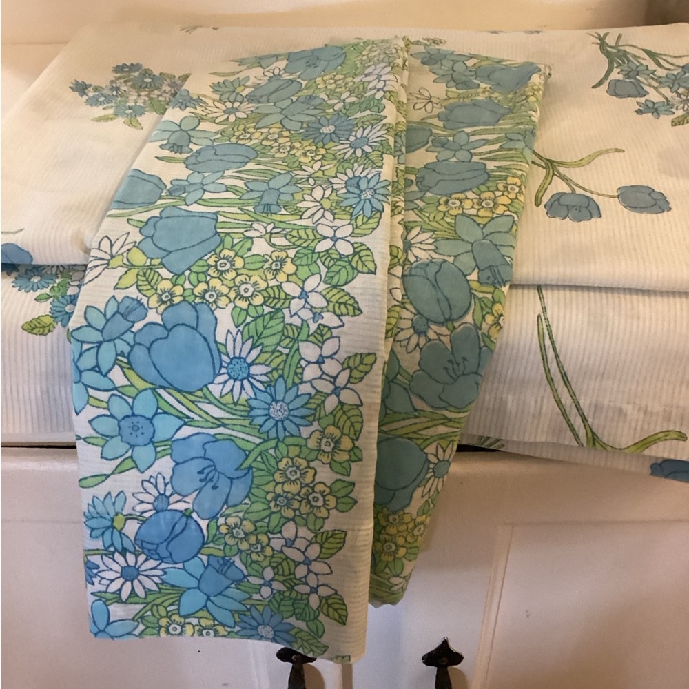 Vintage Floral Blue & Green Cotton Flat Sheet and Pair Pillowcases - Unbranded